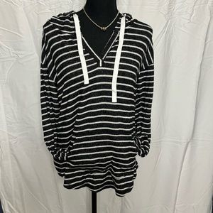 Black & White Stripped Hooded Shirt with Pouch